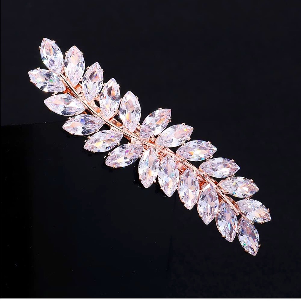 Rhinestone French clip hair barrette rose gold zircon leaf design wedding bride